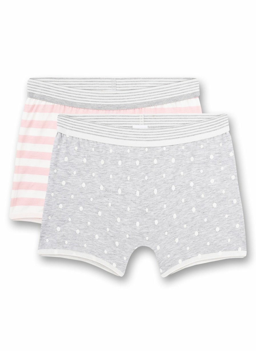 Madchen 3-14 Sanetta Panties & Hipster | Madchen-Shorts (Doppelpack) Graumelange Dots-Allover Und Rosa Ringel